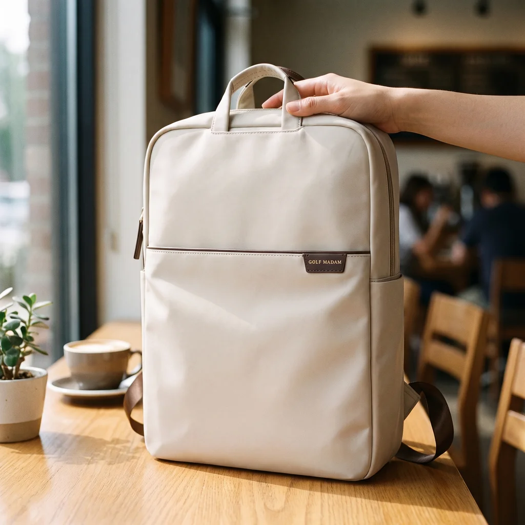 カフェの木製テーブルに置かれた、防水仕様の女性用17インチPCビジネスリュック。手元にはカプチーノが添えられています。