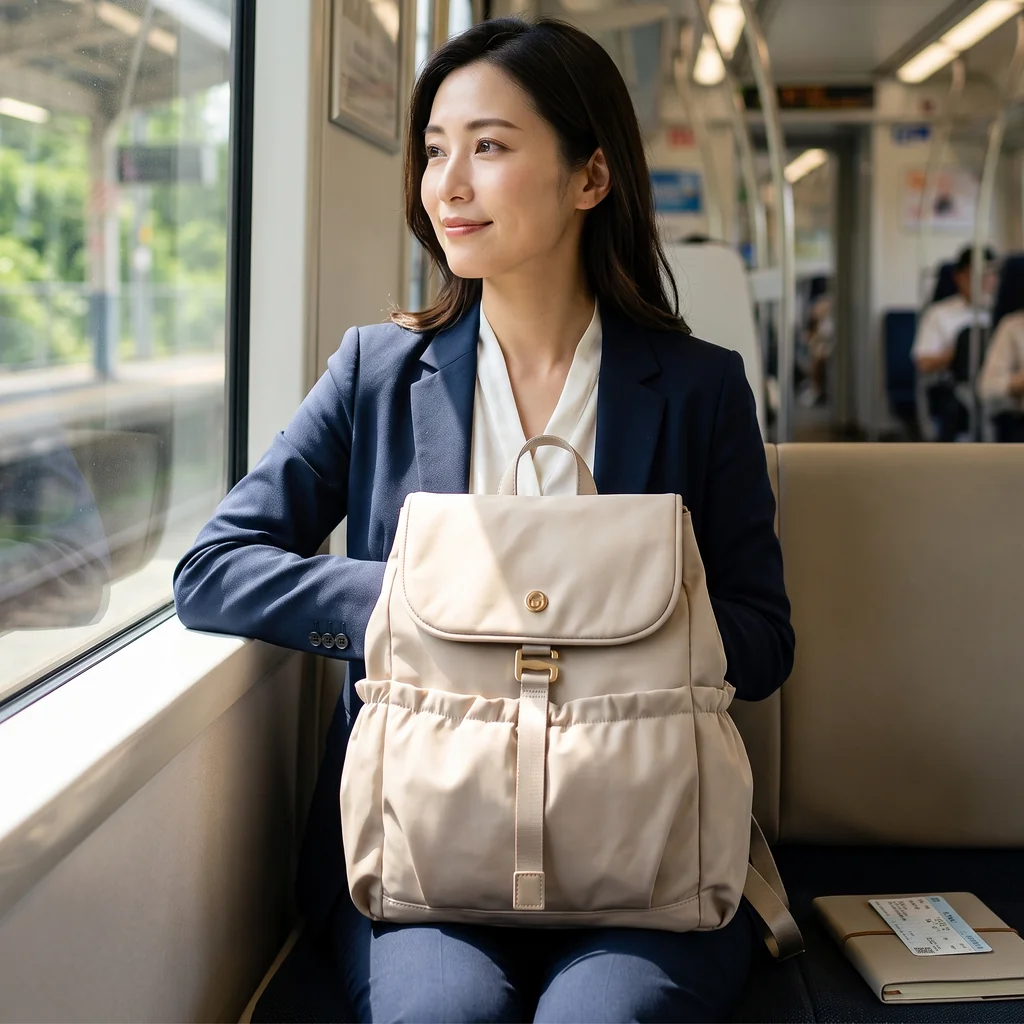 明るく快適な電車の車内で、ジャケットを着た女性が膝の上に可愛い13インチの軽量通勤用レディースバックパックを抱えている姿