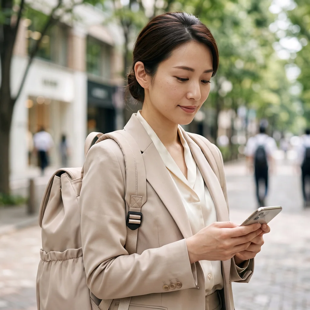 ベージュのジャケットを着た上品な女性がスマホを見ながら通勤する、13インチPCが入るおしゃれで軽量なレディースリュックサック。
