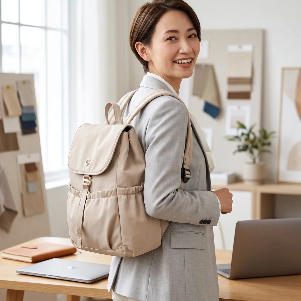 明るくミニマルなオフィスで、グレーのスーツを着て13インチPC対応の軽量なレディース通勤リュックを背負って笑顔で立つ女性プロフェッショナル。