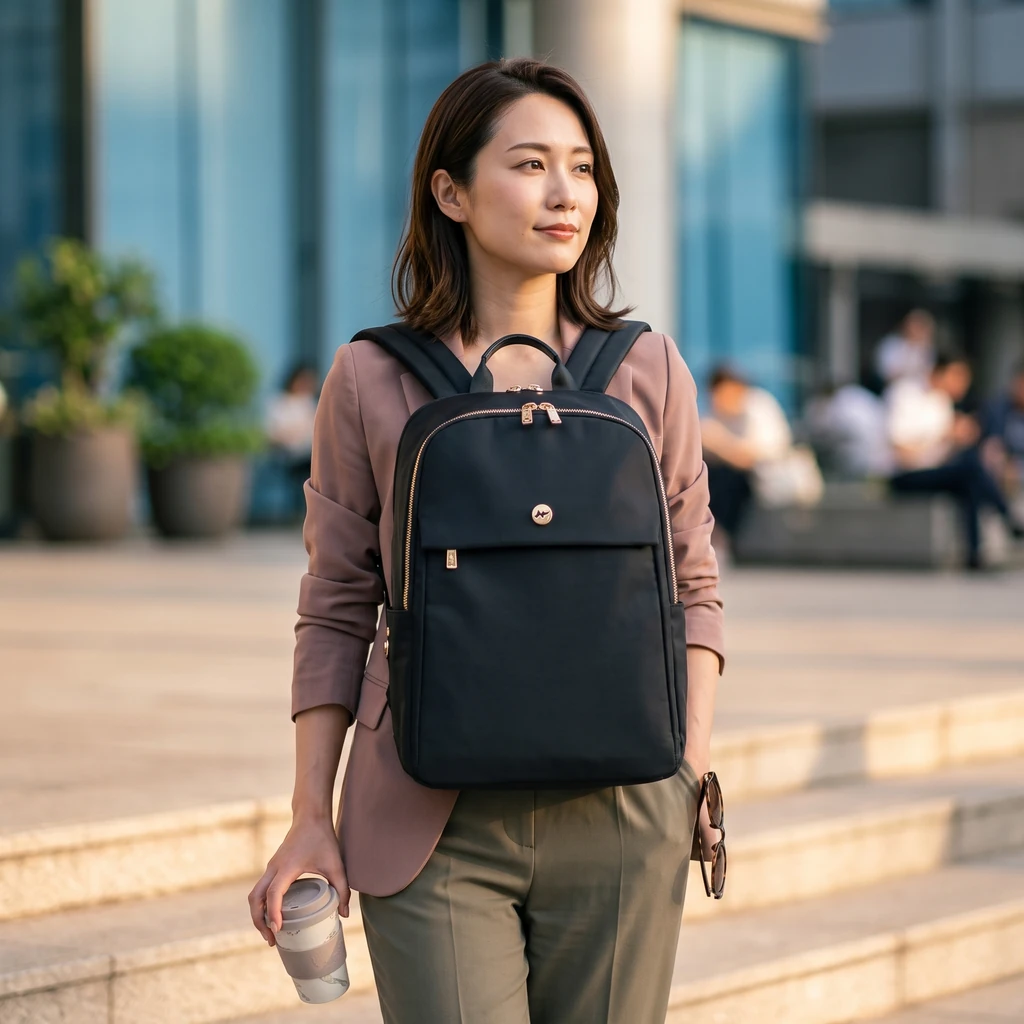 テーラードジャケットを着てオフィス街をスマートに歩く女性が愛用する、防水仕様のおしゃれな15.6インチレディースPCリュックサック。