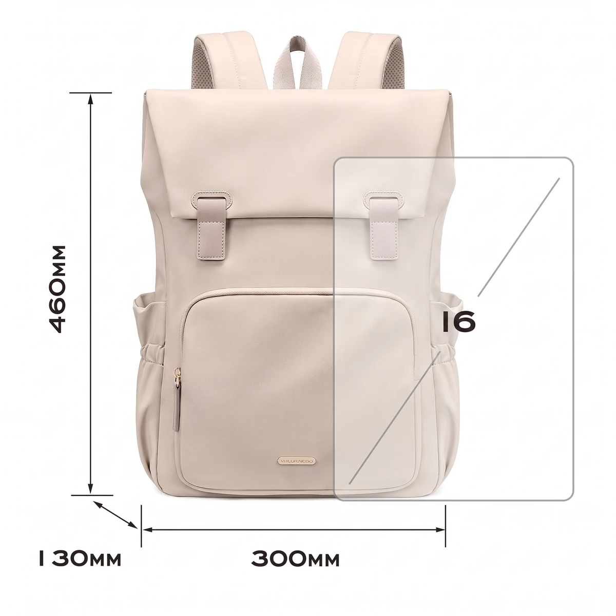 縦46cm、横30cm、マチ13cmの数値と画面の枠線が重ねられたベージュのバックパック