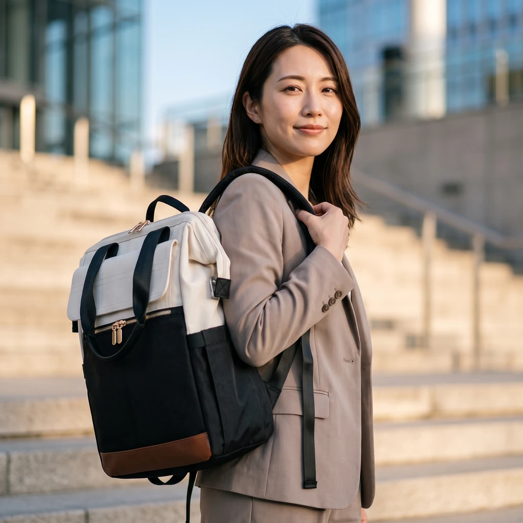 ベージュのジャケットを着た女性が36Lの多機能トラベルリュックを背負い、夕暮れ時の都会の階段に立つおしゃれな通勤風景。