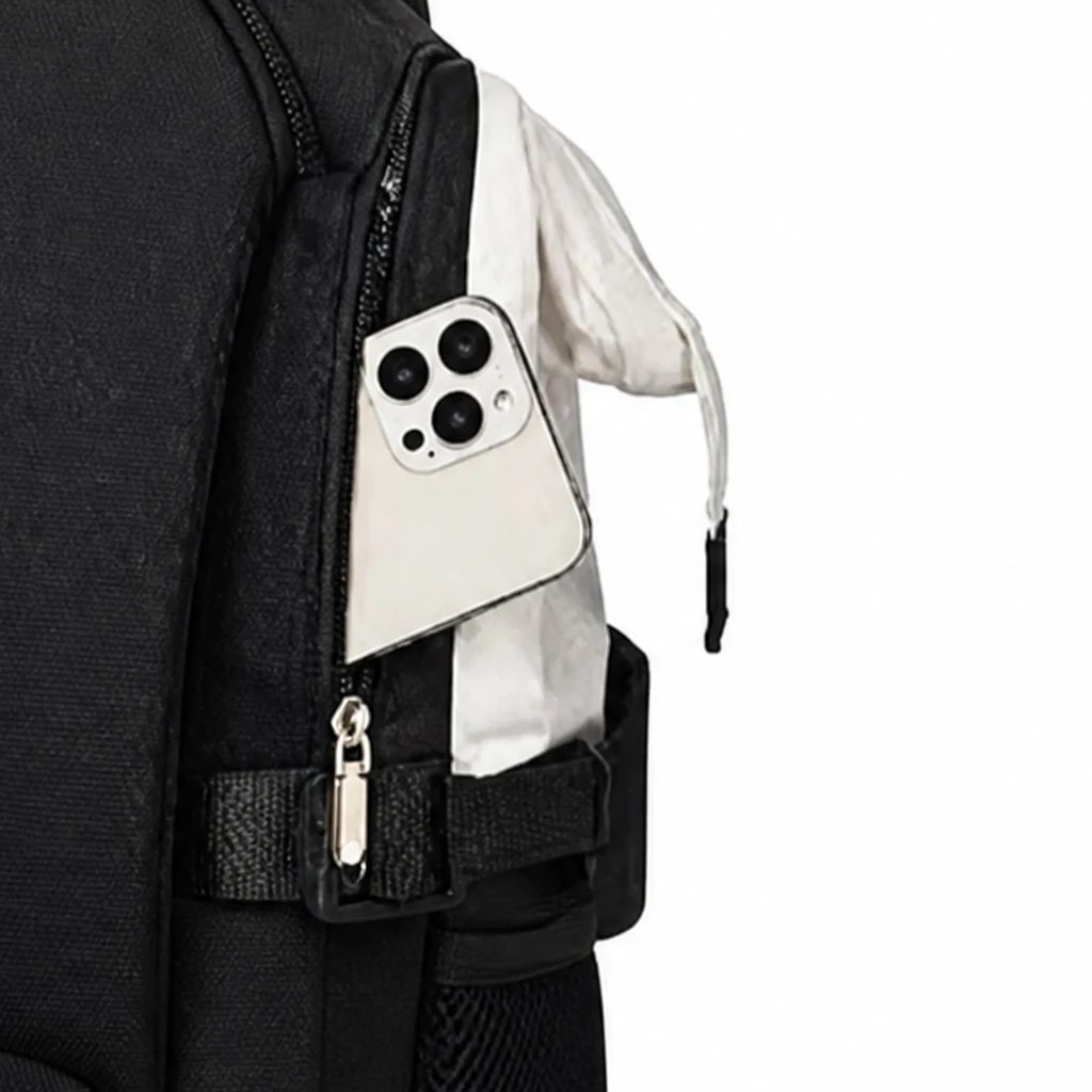 レディース向け36L旅行用バックパックの背面にある、スマホを安全に収納できるジッパー付き防犯隠しポケットのクローズアップ。