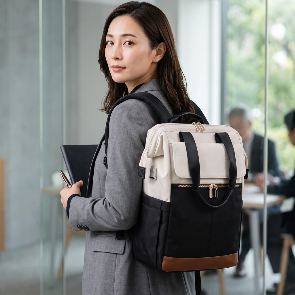 明るいオフィスでグレーのスーツを着た女性が背負う、16ポケット搭載のおしゃれな36Lレディース多機能ビジネス旅行用リュック。
